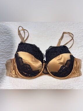 Cacique Gold Satin Bra with Black Lace Trim 42C